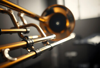 Fototapeta premium Close-up of a brass trombone in studio lighting