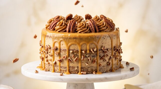 Layered Pecan Torte with Caramel Glaze Premium Bakery Photography