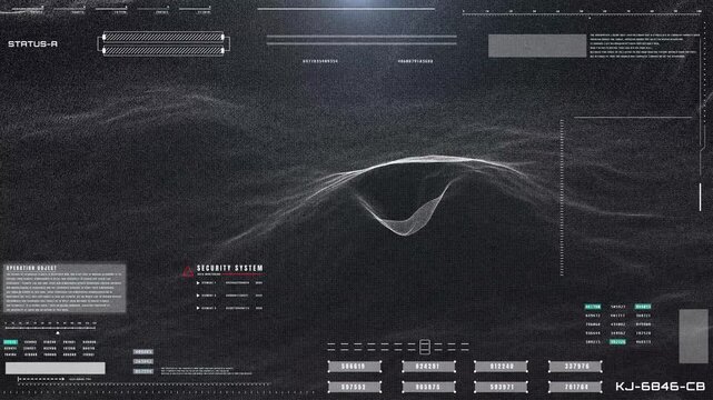 HUD Futuristic Aerial View Over Science Fiction Mountain Wireframe Landscape. Military Weapon UI Scanning Interface and Flight Jet Simulation. Abstract Sci-Fi Fighter Jet Target Tracking Motion