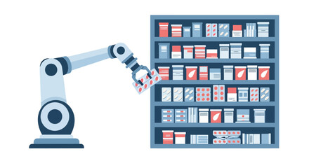 Obraz premium Automated robotic arm picking pharmaceutical blister packs from pharmacy warehouse shelves flat vector illustration