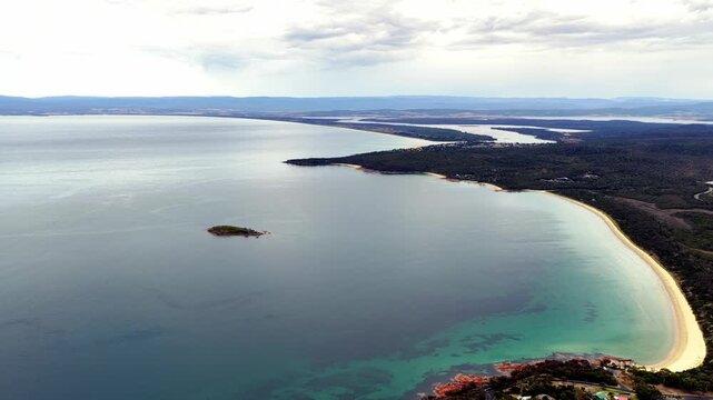 Coles bay to the Hazards aerial panorama at Freycinet national park, Tasmania.