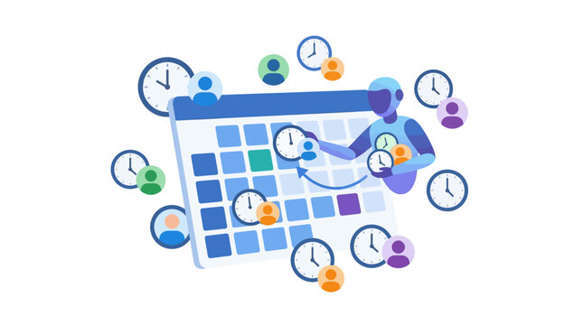 AI assistant robot scheduling global business meetings on digital calendar flat vector illustration.
