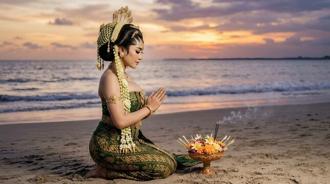 ​​Beautiful Sundanese Woman in Traditional Green Dress Praying on the Beach at Sunset
