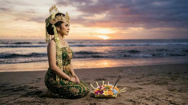 ​​Beautiful Sundanese Woman in Traditional Green Dress Praying on the Beach at Sunset