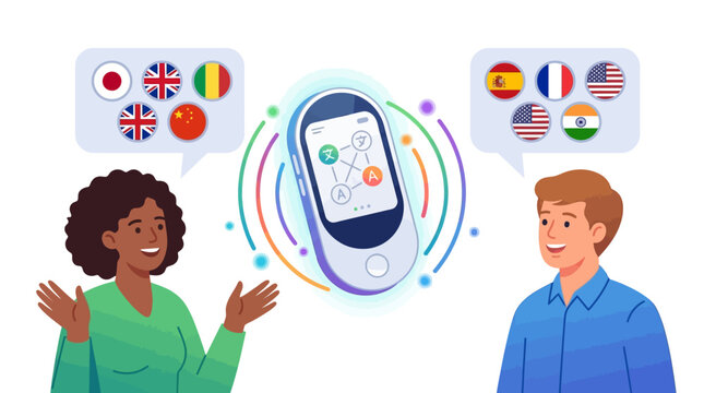 Diverse people using smart electronic language translator device with floating country flag icons flat design vector illustration.