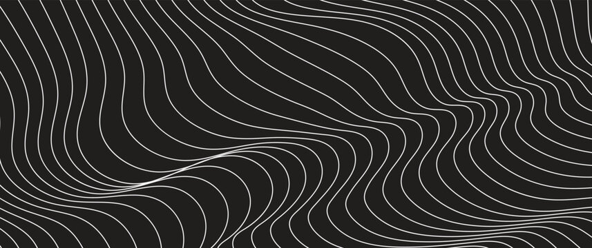 Seamless black and white wavy line pattern with abstract topographic design. Minimal curve texture on dark background. Ideal for fabric, wallpaper, background designs.