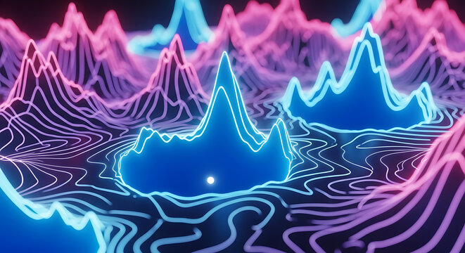 Neon waveform pattern with glowing blue and pink lines on dark background