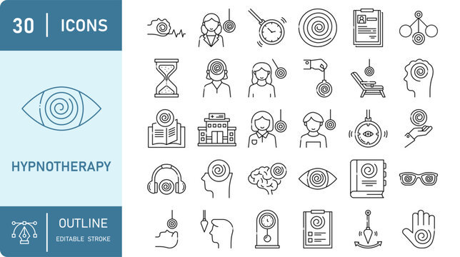Hypnotherapy icon set, hypnosis spiral pendulum mind therapy relaxation session outline icons