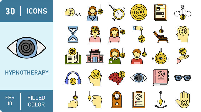 Hypnotherapy icon set, hypnosis spiral pendulum mind therapy relaxation session filled color icons