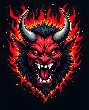 A cartoon illustration of a devil's head with flames and horns