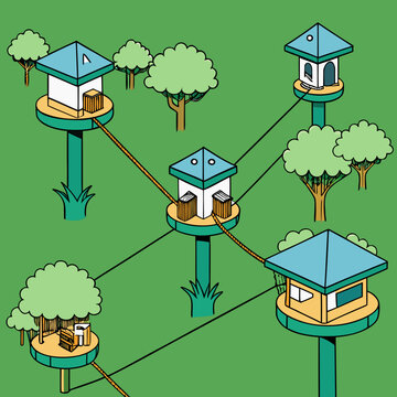 Network of modern treehouses connected by rope 