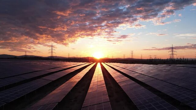 Mesmerizing Sunrise over Solar Panels: A Scenic View of Renewable Energy Harnessing the First Light of Day in a Sustainable Landscape