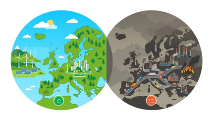 Naklejka premium Split view comparison of Europe, showing a clean green landscape with renewable energy versus a polluted industrial cityscape with factories and traffic congestion