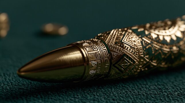 Ornate Golden Bullet with Intricate Patterns on Dark Background