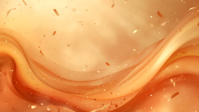 Flowing golden ocher fabric waves with floating paper confetti.