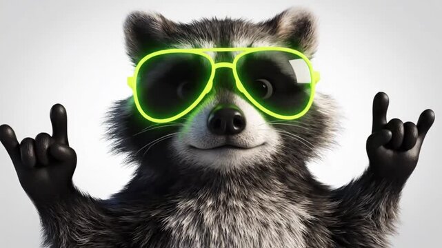 Cool raccoon character wearing green sunglasses and gesturing rock hand sign