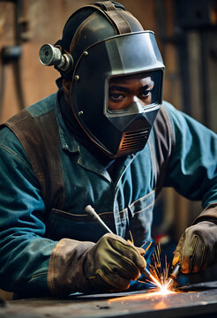 Focused black welder working with sparks indoors