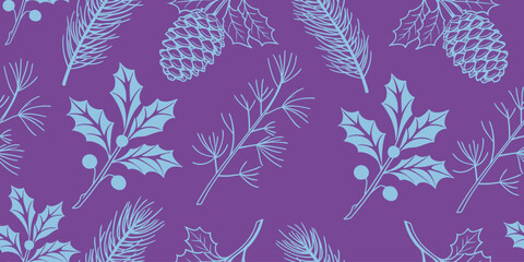 Fototapeta premium Seamless Christmas pattern with pine cone, holly leaf and branch design. Winter botanical illustration on purple background. Ideal for fabric, wallpaper, background designs.