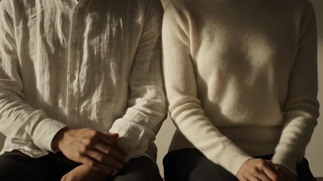 Couple sitting together in shadow with intimate gesture