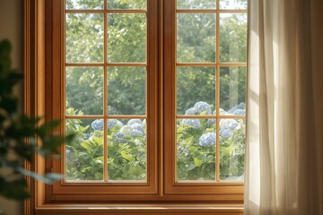 Fototapeta premium View of blooming hydrangeas through a wooden window with soft curtain and warm light
