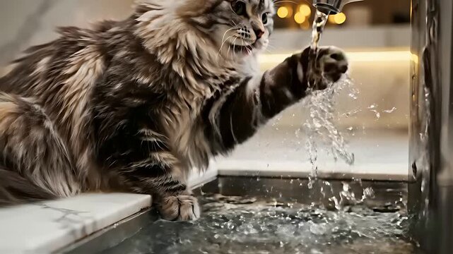 Long-haired fluffy cat playing with running water from a modern sink faucet. Tabby cat curiously watching the stream in a stylish interior. Feline behavior concept for pet care and lifestyle blogs.