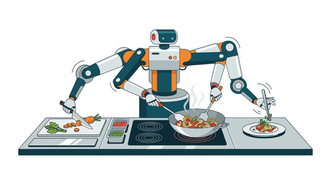 Automated four-armed robotic chef preparing multiple gourmet dishes in a modern kitchen flat design vector illustration.