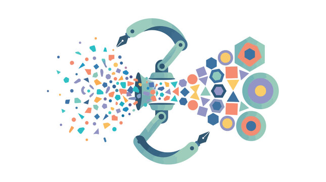 Automated robotic arms sorting chaotic elements into organized structured data patterns flat vector illustration.