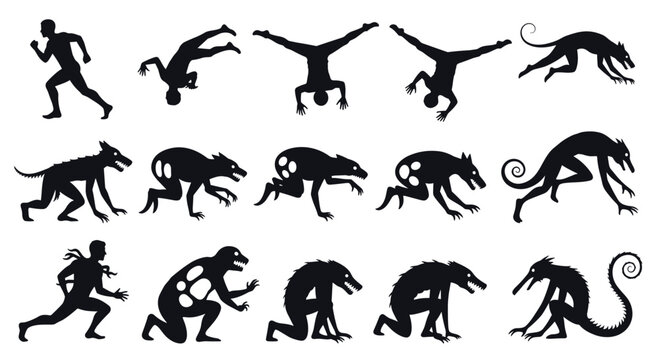 Various silhouettes of humans and monstrous wolf like creatures in different poses depicting transformations or movement for fantasy horror art.