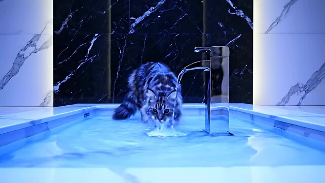 Maine Coon cat playing with running water in a luxury bathroom. Curious tabby feline interacting with a chrome faucet in blue light. Premium pet care concept for animal behavior and lifestyle.