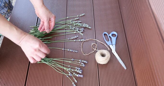 Hands sorting lavender stems on wooden floor video clip. Aesthetic organic floristry crafting process tutorial backdrop. Minimalist cottagecore DIY creation hands lifestyle trend.