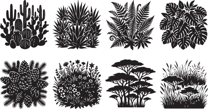Monochrome botanical bundle with savanna trees, pine cones, and tropical leaves