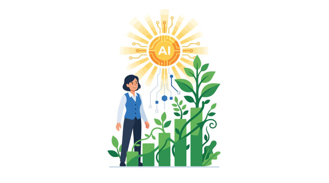 Businesswoman monitoring exponential financial growth with artificial intelligence sun concept flat vector illustration.