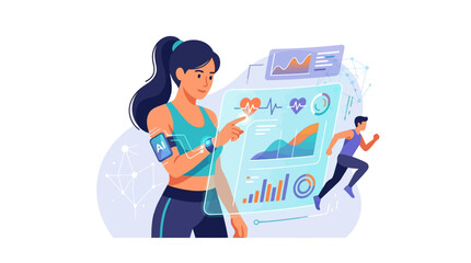 Fototapeta premium Fitness trainer analyzing athlete biometric health data on digital holographic interface screen flat vector illustration.