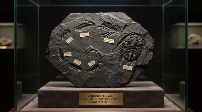Detailed view of a paleontological fossil specimen with identification tags under museum lighting