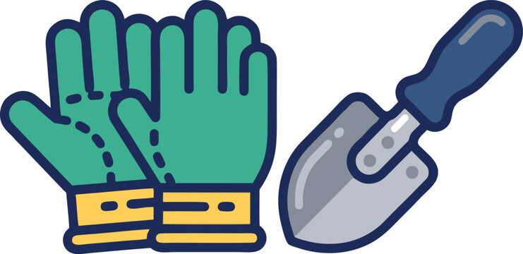 Pair of green gardening gloves and a metal hand trowel with gardening landscaping agriculture equipment planting construction hobbyist maintenance protective implement illustration yardwork