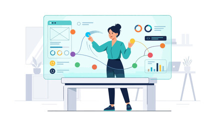 Naklejka premium Creative female UI designer connecting colorful data nodes on a futuristic transparent digital interface flat vector illustration