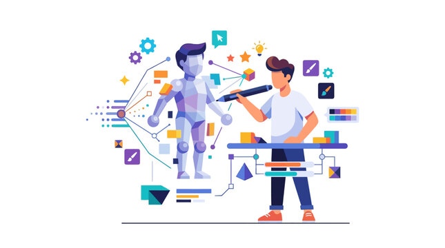 Creative Game Designer Modeling a 3D Character Asset with Stylus Flat Design Vector Illustration