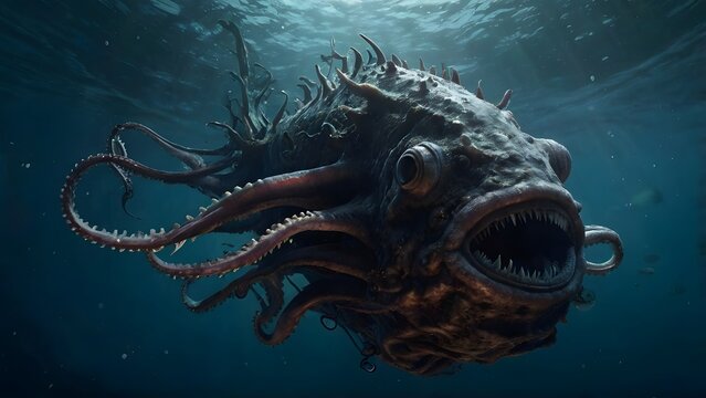 A monstrous deep-sea fish with sharp teeth swims in dark ocean waters.