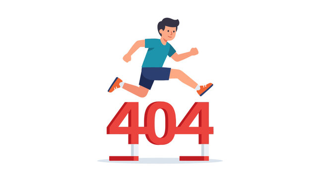 Determined businessman jumping over 404 error hurdle overcoming technical obstacles flat vector illustration.