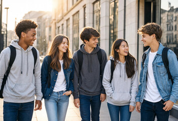 Fototapeta premium Group of Multiethnic Teenage Students with Backpacks Walking Together on a Sunny City Street and Smiling