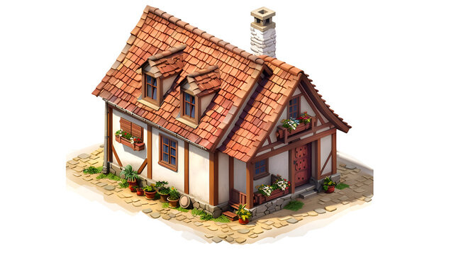 Rural thatched style house with dormer windows on lane