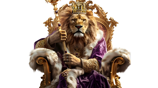 Lion monarch reclining with scepter on gilded royal throne