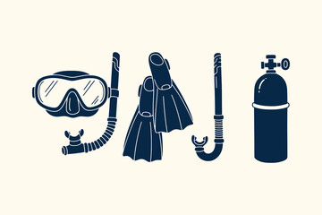 Set of Minimalist Scuba Diving Gear Icons with Mask Snorkel Flippers and Compressed Air Tank © Naurin Jahan