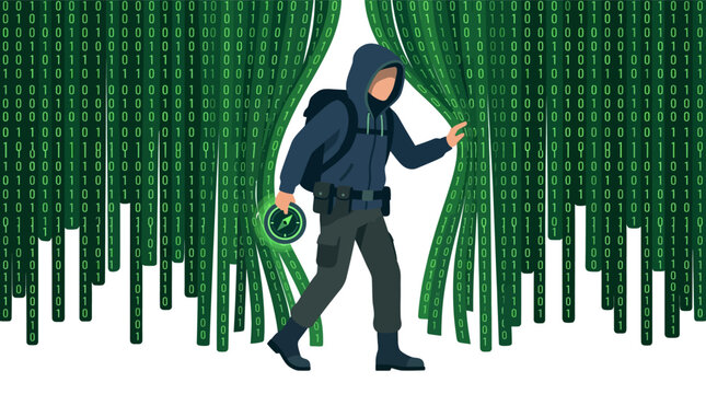 Anonymous hacker navigating through digital binary code matrix with a compass for cybersecurity flat vector illustration.
