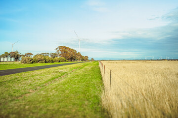 Fototapeta premium Tranquil scene of a rual farming landscape against blue sky, with renewable energy wind turbines in the horizon, Berrybank, Victoria, Australia