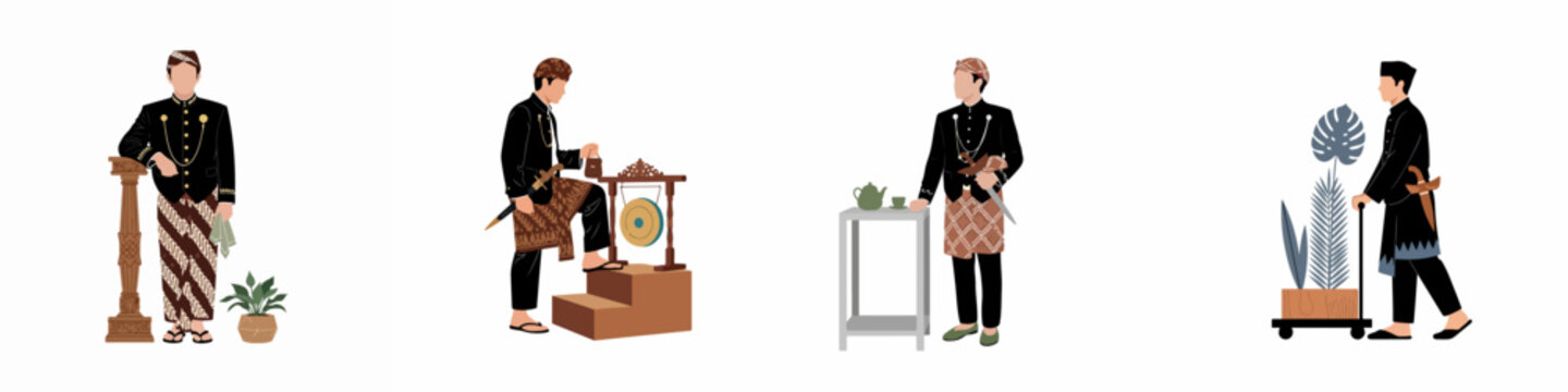 Minimalist flat illustrations of men wearing traditional Javanese attire including batik, beskap, and blangkon, showcasing Indonesian cultural elements and heritage.