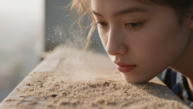 Pensive young woman resting her head on a sandy ledge with wind blowing fine sand, quiet emotion loneliness and inner reflection mental health concept, soft natural light close up with copy space