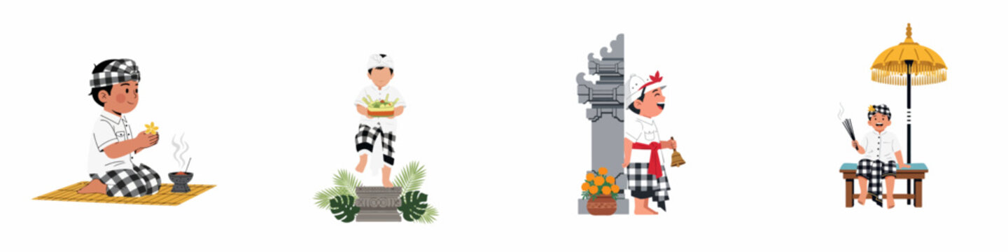 Set of Balinese Boy Illustrations Celebrating Traditional Religious Ceremonies and Cultural Heritage in Bali, Indonesia