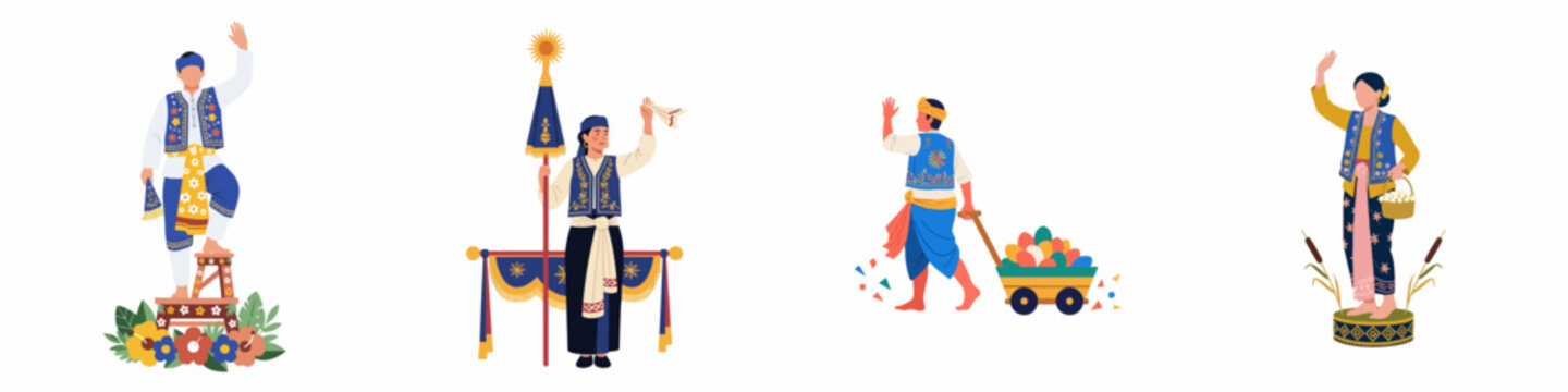 Set of Balinese people in traditional costumes celebrating a cultural festival with waving gestures, ceremonial umbrellas, and offerings on a white background.