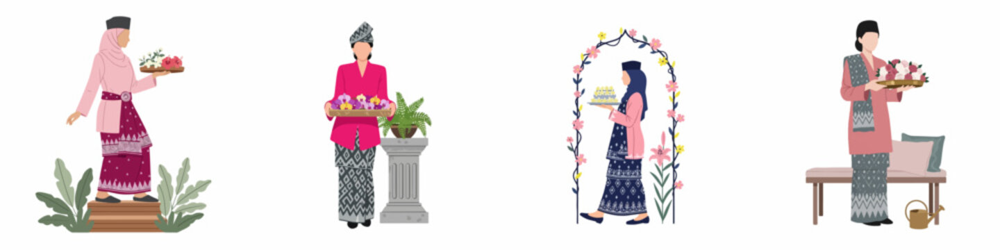 Collection of traditional Malay people in Baju Kurung and Baju Melayu holding hantaran gift trays for wedding celebrations, flat vector illustration.